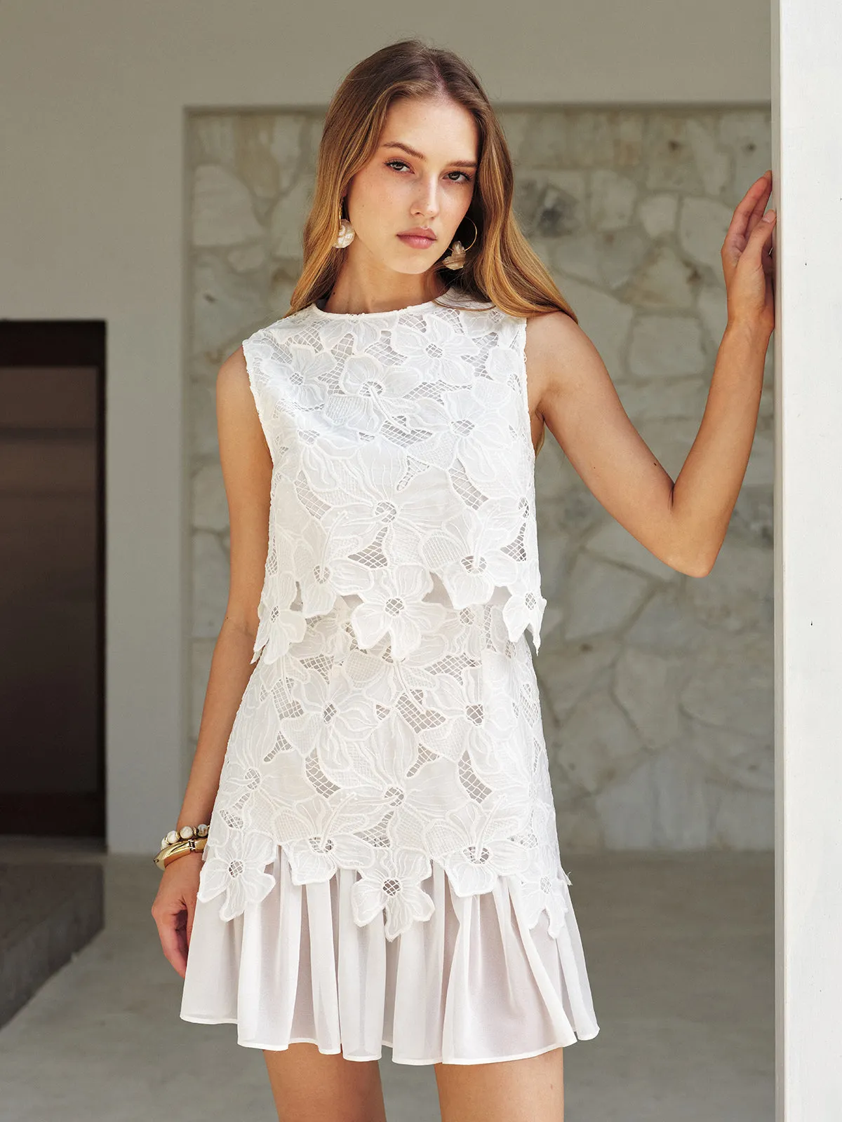 Sleeveless Floral Lace Ruffled Mini Dress sold by COMMENSE product image thumbnail 4