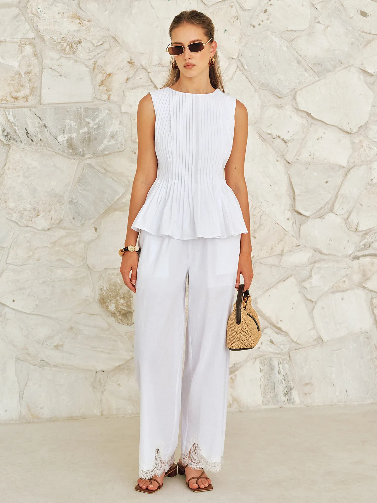 Cotton Pleated Peplum Top & Lace Trim Pants Set sold by COMMENSE product image thumbnail 4