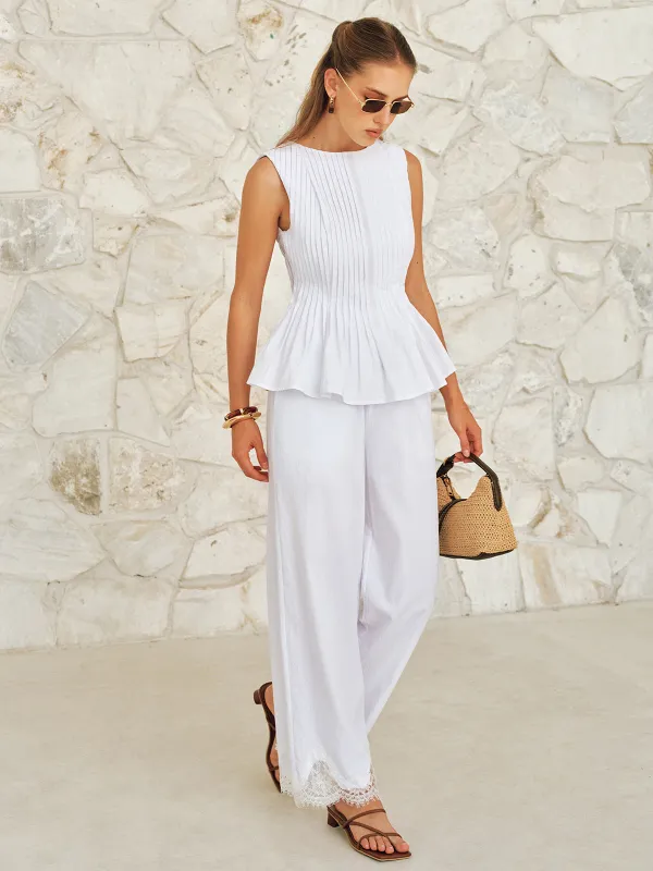 Cotton Pleated Peplum Top & Lace Trim Pants Set made by COMMENSE