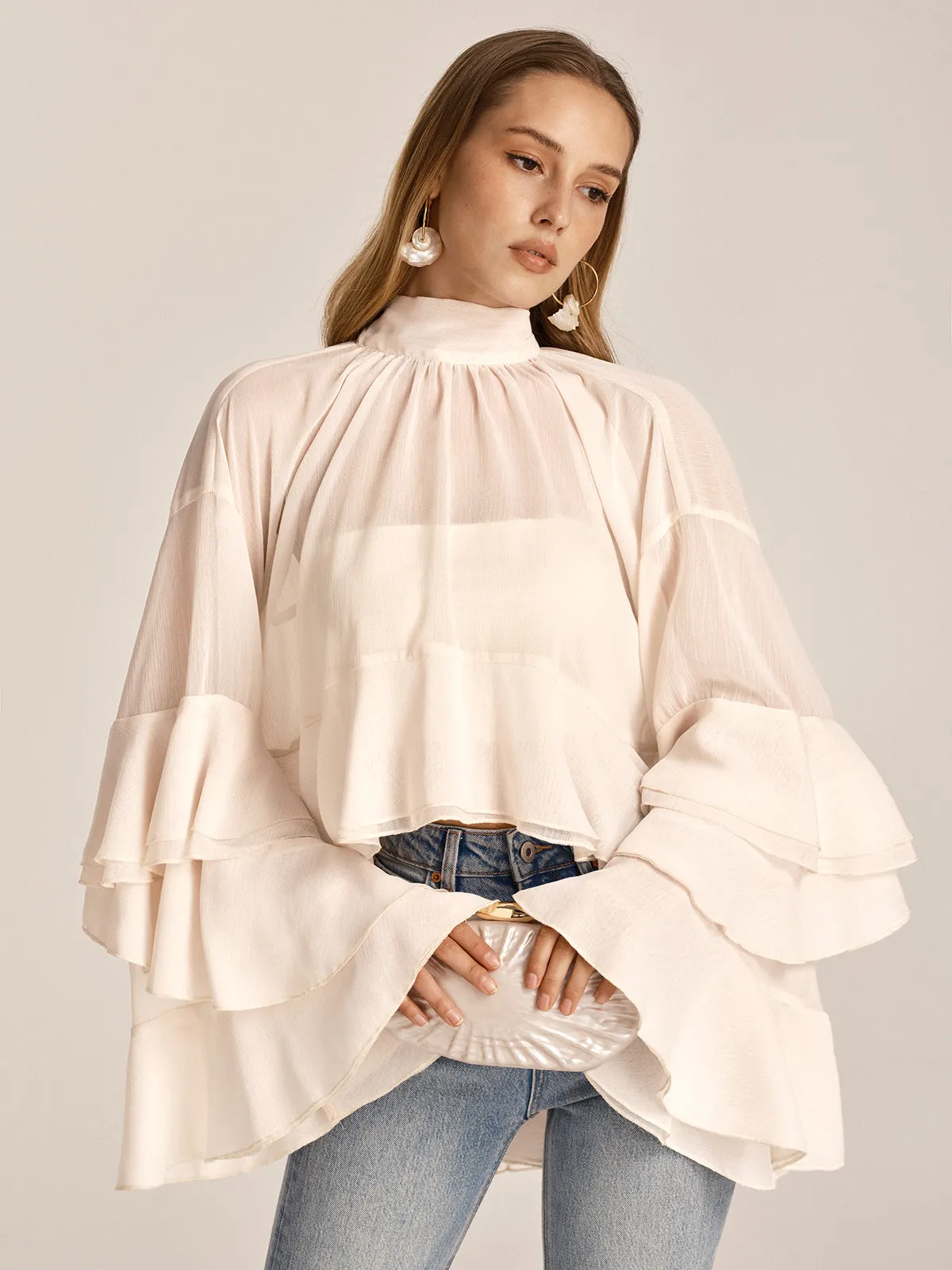 Chiffon High Neck Ruffle Bell Sleeve Blouse sold by COMMENSE product image thumbnail 3