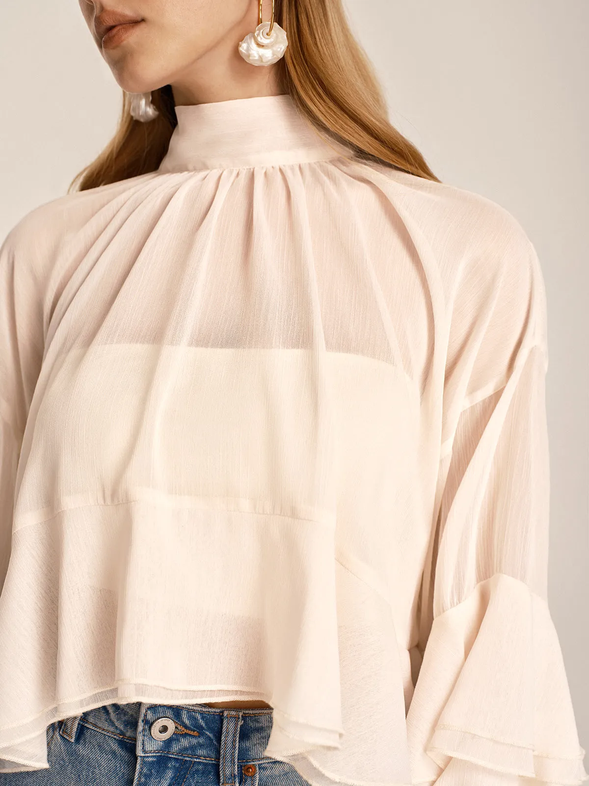 Chiffon High Neck Ruffle Bell Sleeve Blouse sold by COMMENSE product image thumbnail 4