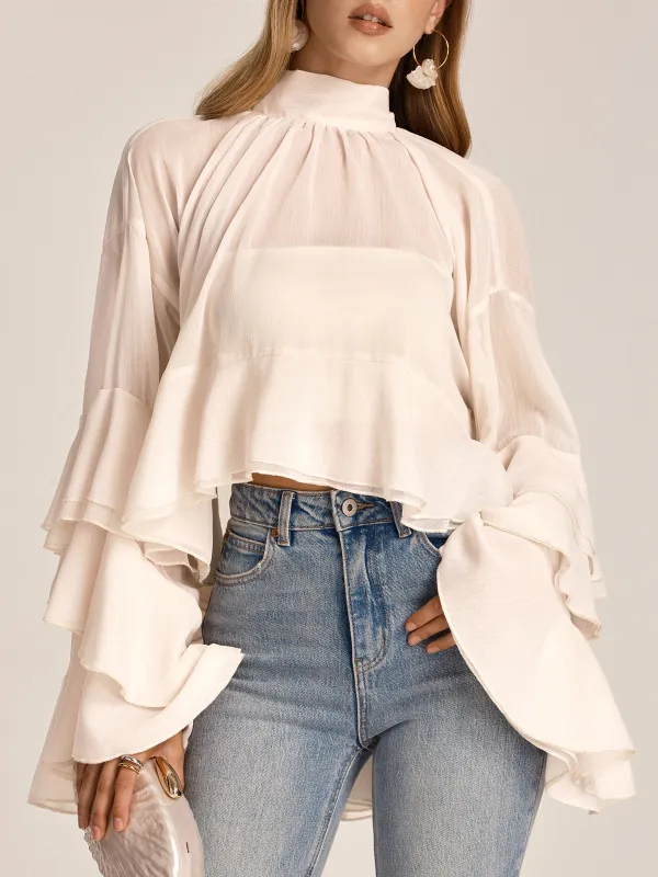 Chiffon High Neck Ruffle Bell Sleeve Blouse made by COMMENSE