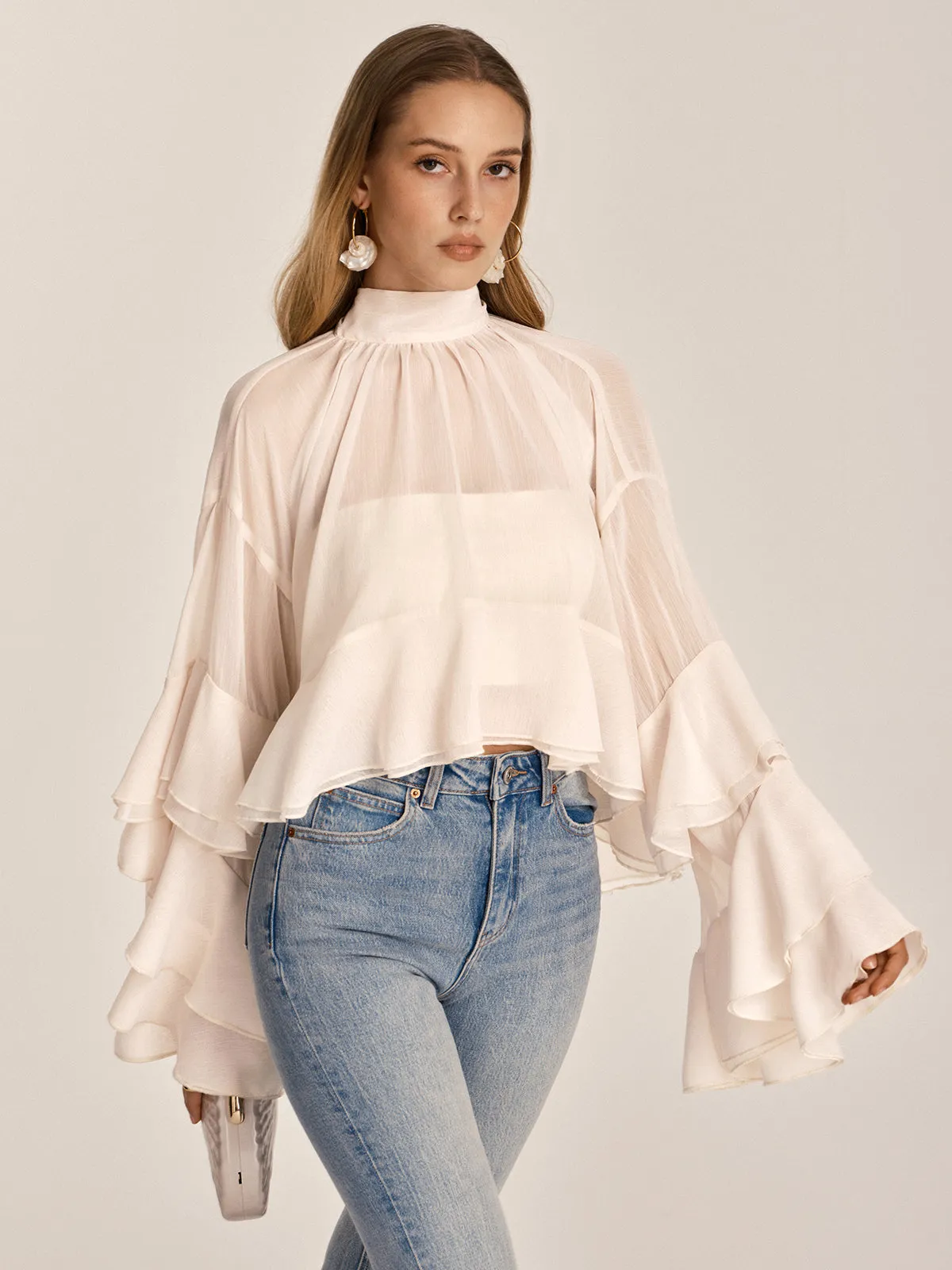 Chiffon High Neck Ruffle Bell Sleeve Blouse sold by COMMENSE product image thumbnail 5