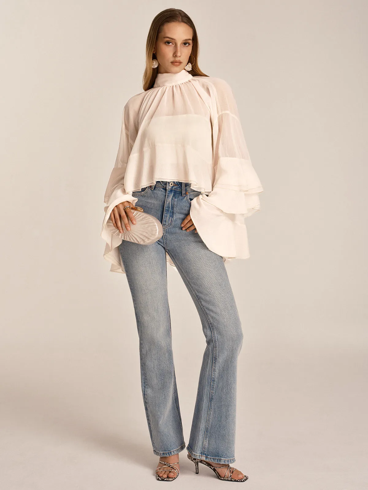 Chiffon High Neck Ruffle Bell Sleeve Blouse sold by COMMENSE product image thumbnail 2