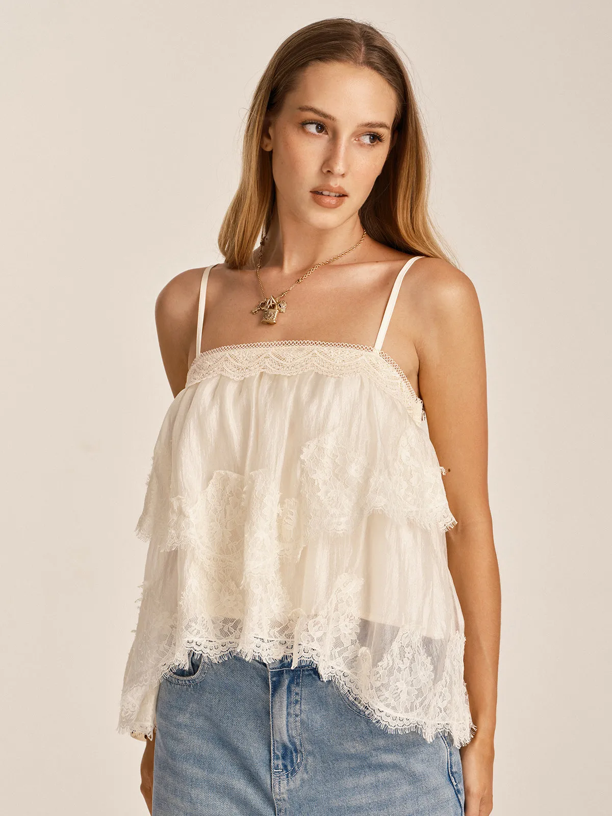 Lace Layered Cami Top sold by COMMENSE