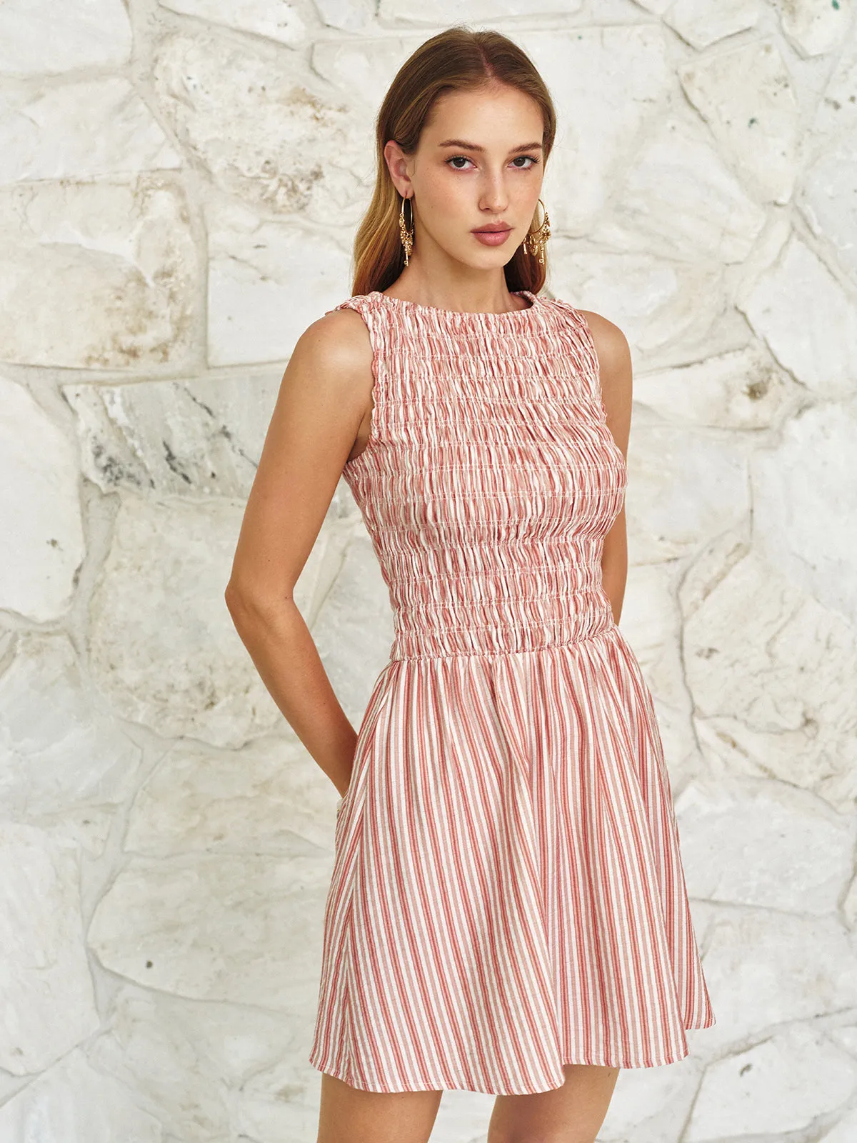 Smocked Striped Linen Blend Sleeveless Mini Dress sold by COMMENSE product image thumbnail 2