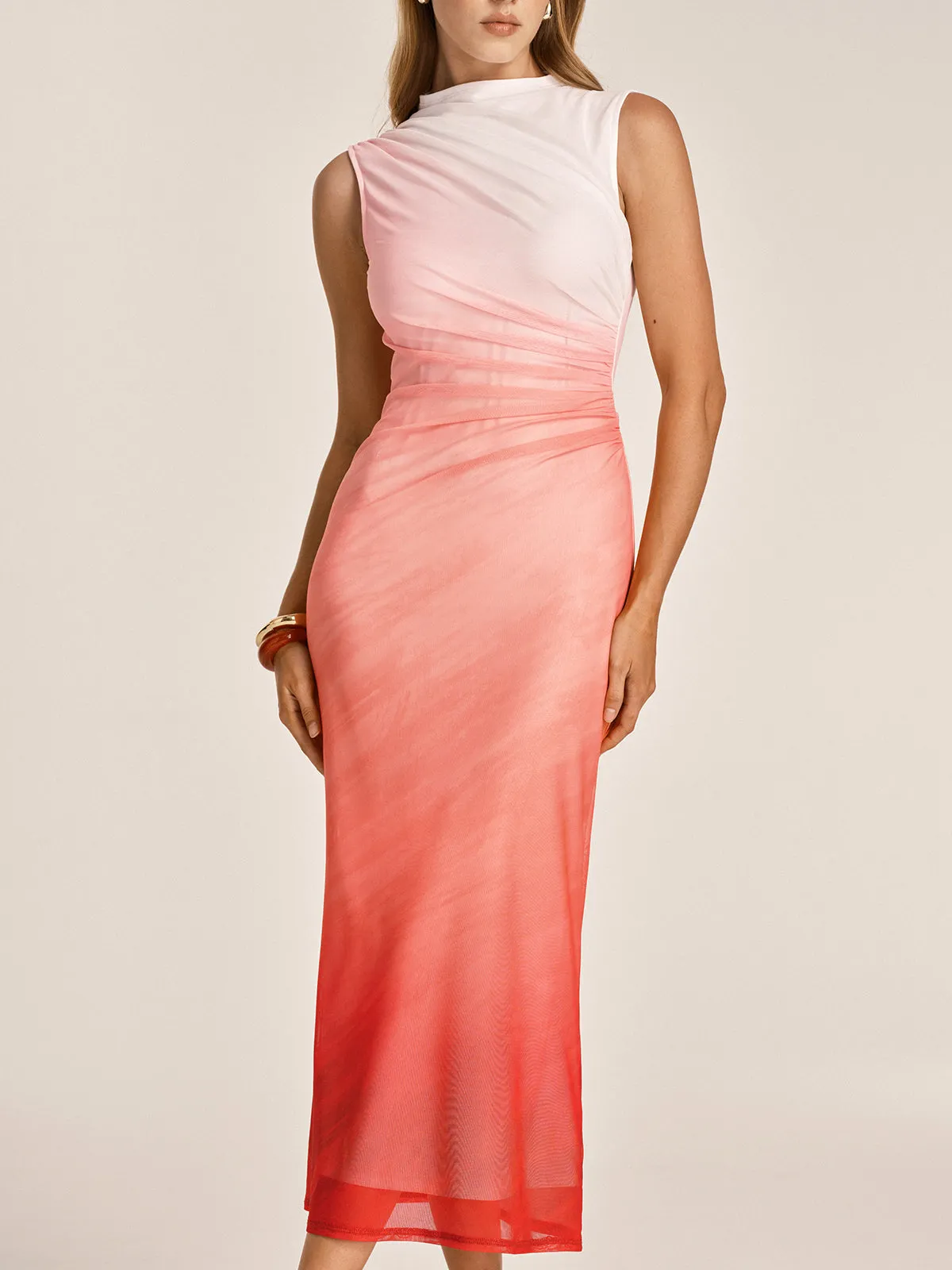 Gradient Ruched Mesh Bodycon Midi Dress sold by COMMENSE product image thumbnail 4