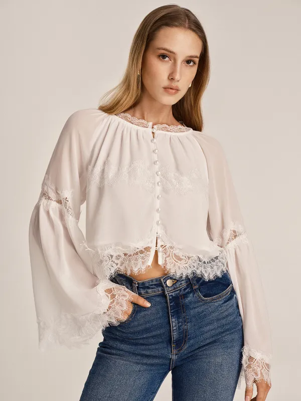 Sheer Chiffon Lace Trim Bell Sleeve Blouse made by COMMENSE