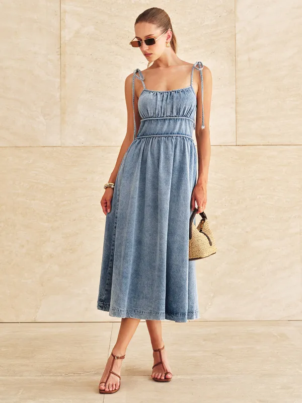 Denim Tie-Strap Tiered Midi Dress made by COMMENSE