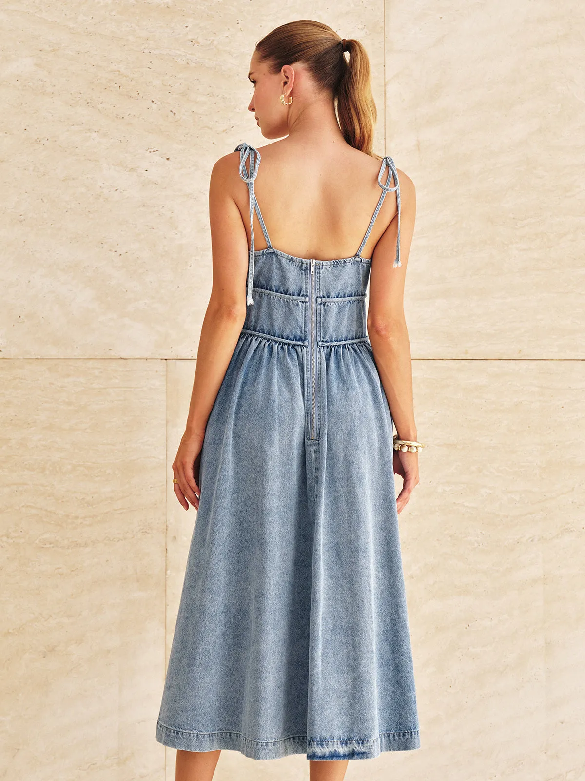 Denim Tie-Strap Tiered Midi Dress sold by COMMENSE product image thumbnail 5