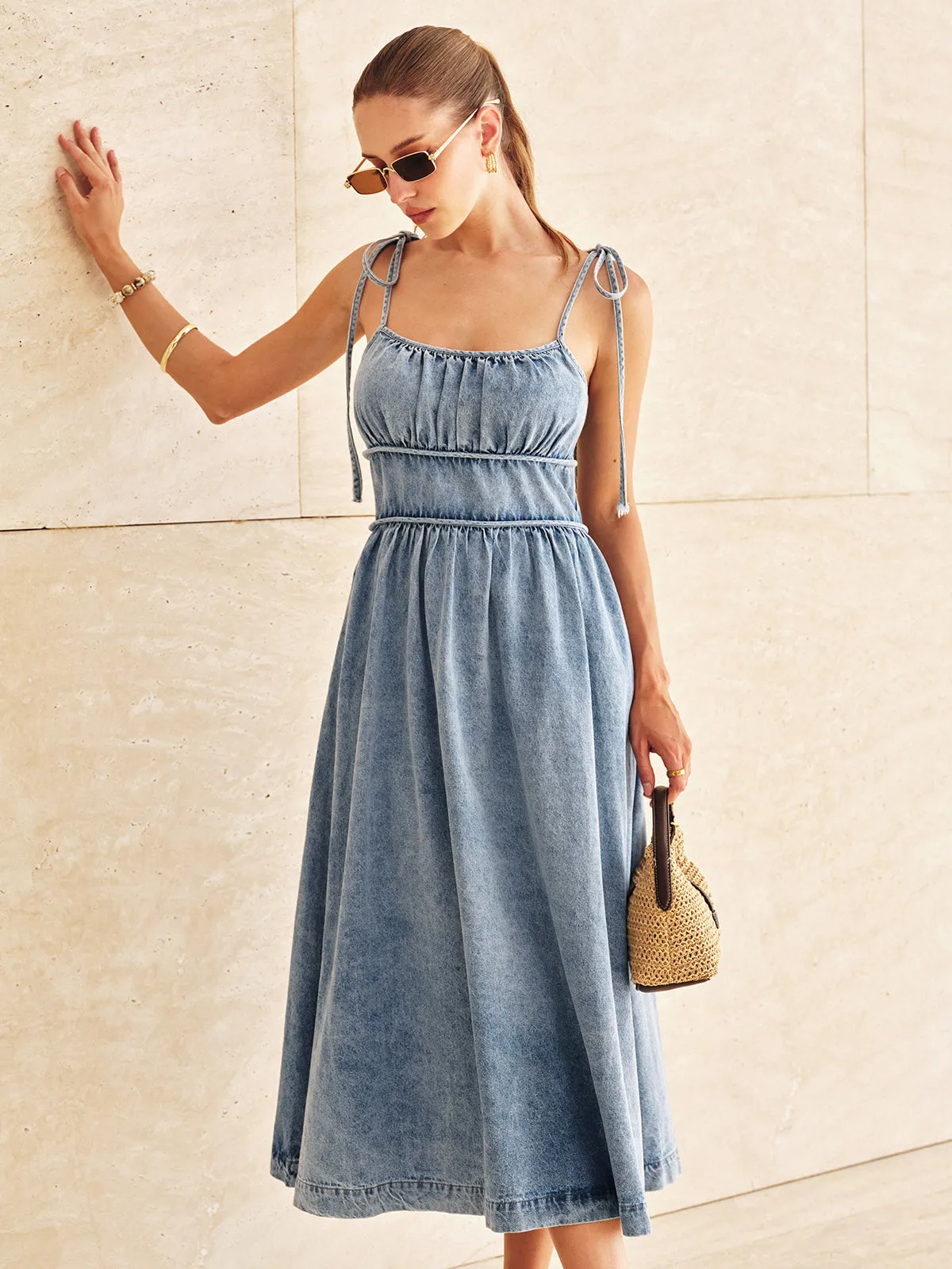 Denim Tie-Strap Tiered Midi Dress sold by COMMENSE product image thumbnail 2