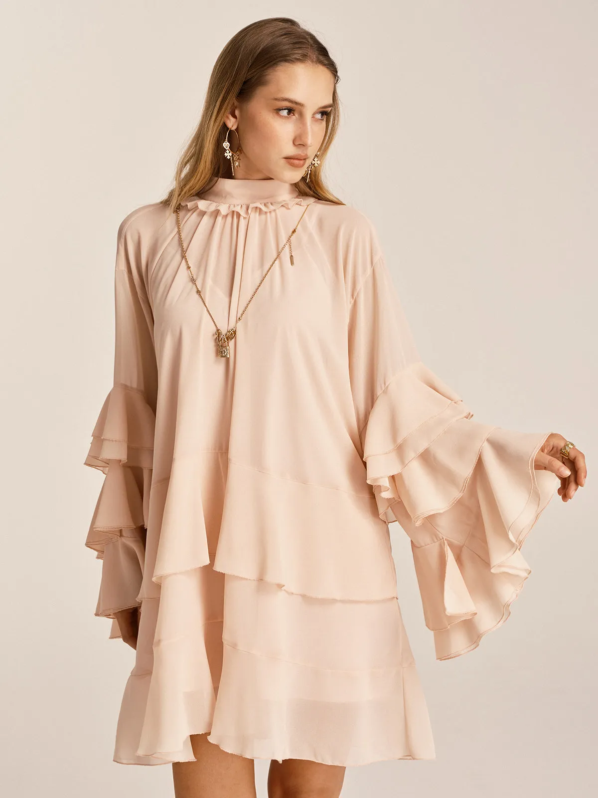 Ruffled Tiered Loose Chiffon Mini Dress sold by COMMENSE