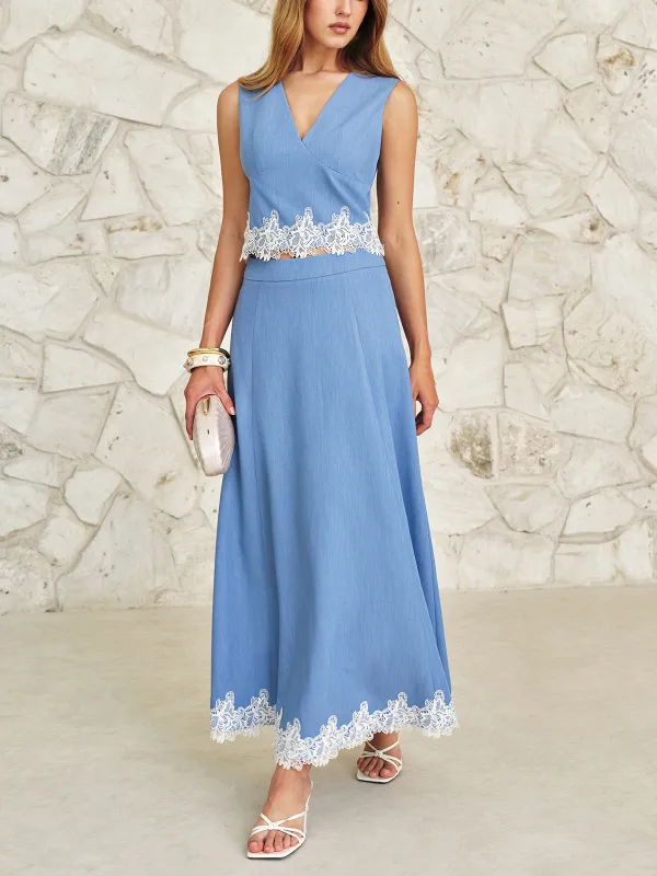 Lace Trim V-Neck Top & Maxi Skirt Set made by COMMENSE