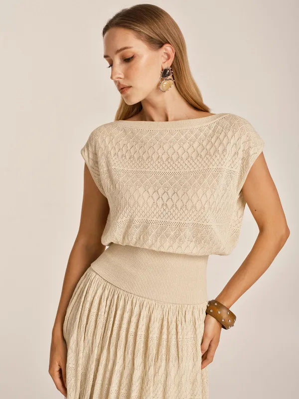 Openwork Knit Boat Neck Sleeveless Top made by COMMENSE