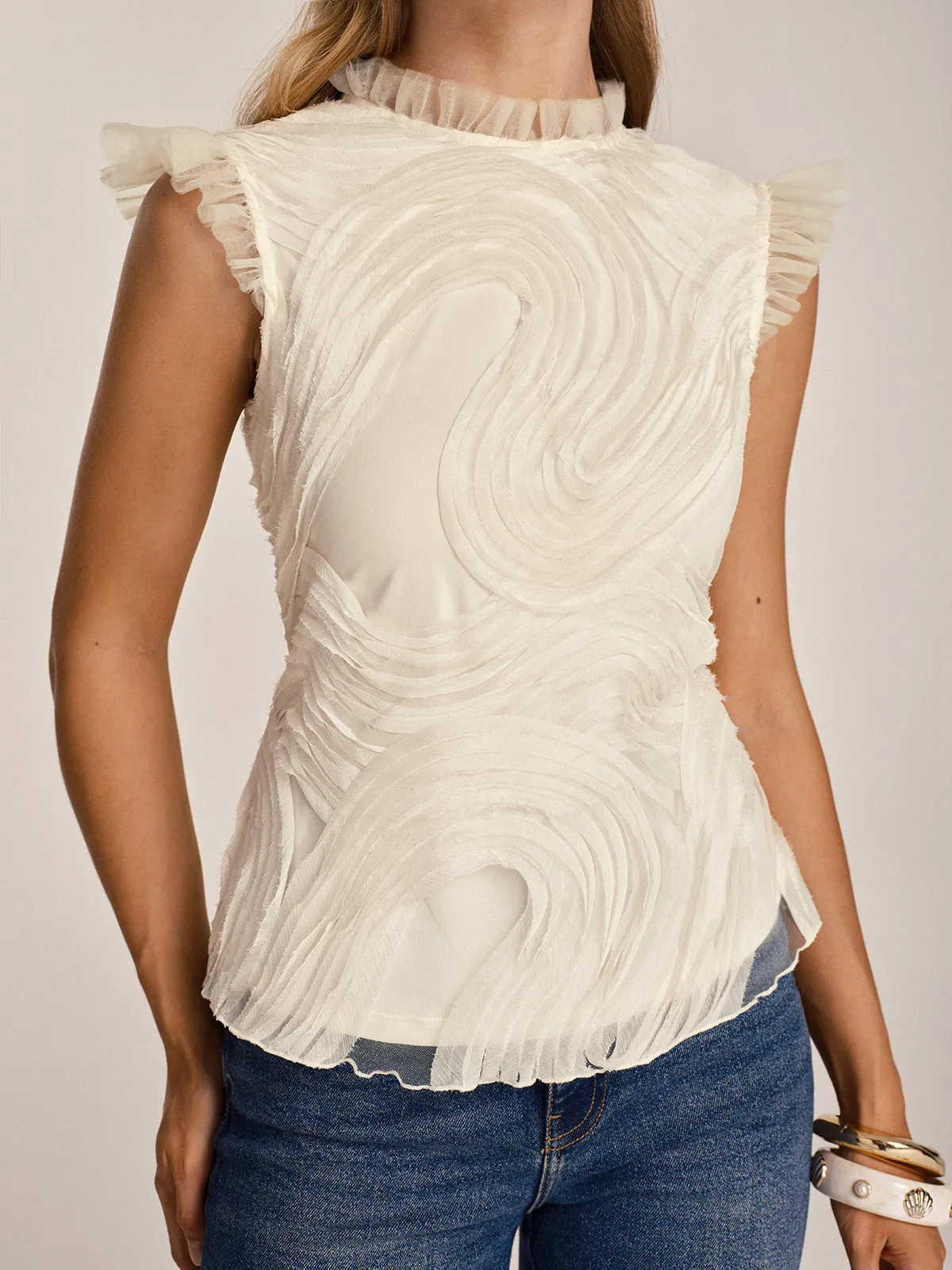 Textured Ruffled Mesh Tank Top sold by COMMENSE product image thumbnail 3