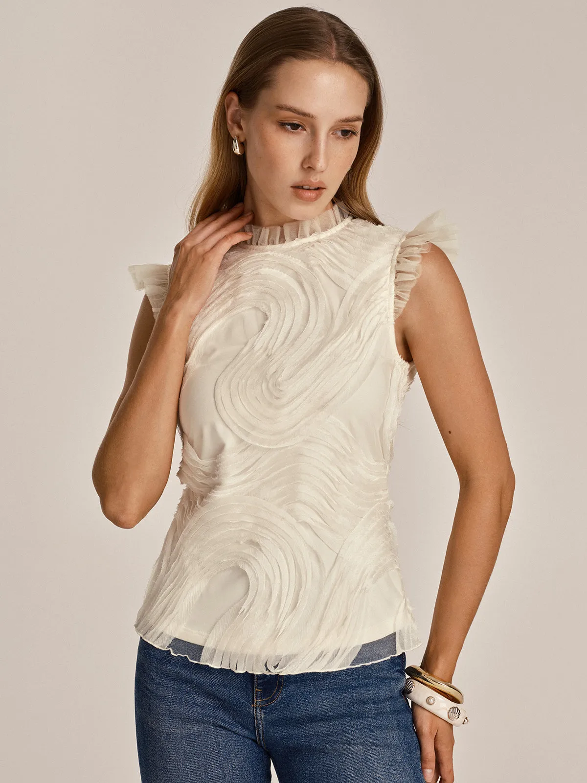 Textured Ruffled Mesh Tank Top sold by COMMENSE product image thumbnail 4