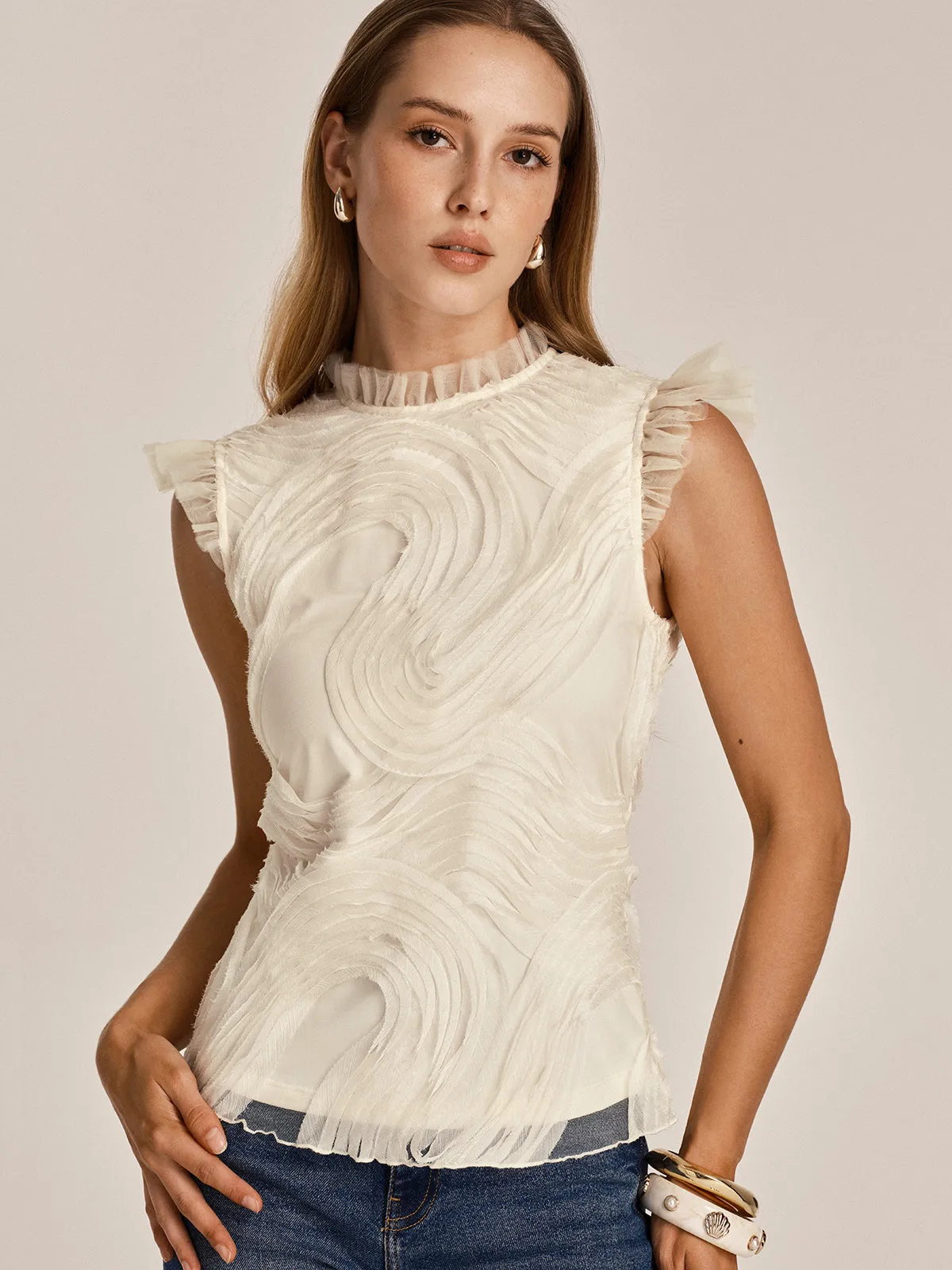 Textured Ruffled Mesh Tank Top sold by COMMENSE