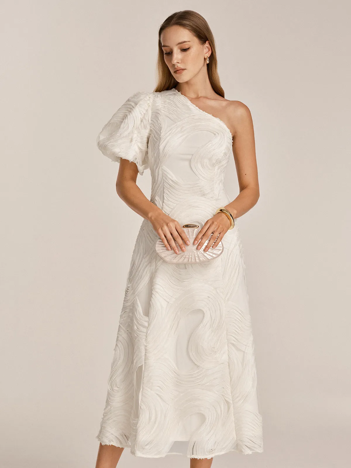 One Shoulder Textured Ruffled Mesh Midi Dress sold by COMMENSE product image thumbnail 4