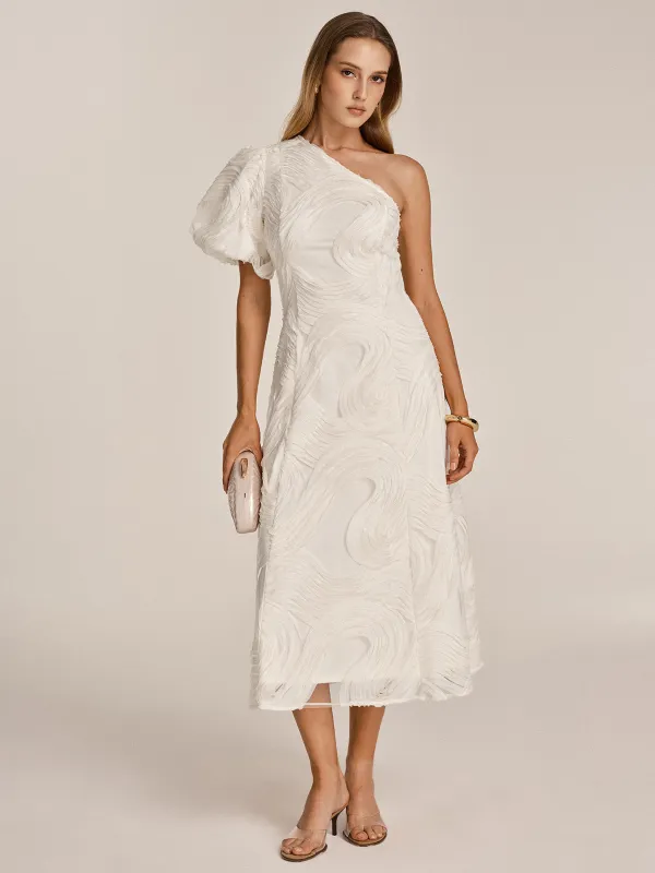 One Shoulder Textured Ruffled Mesh Midi Dress made by COMMENSE