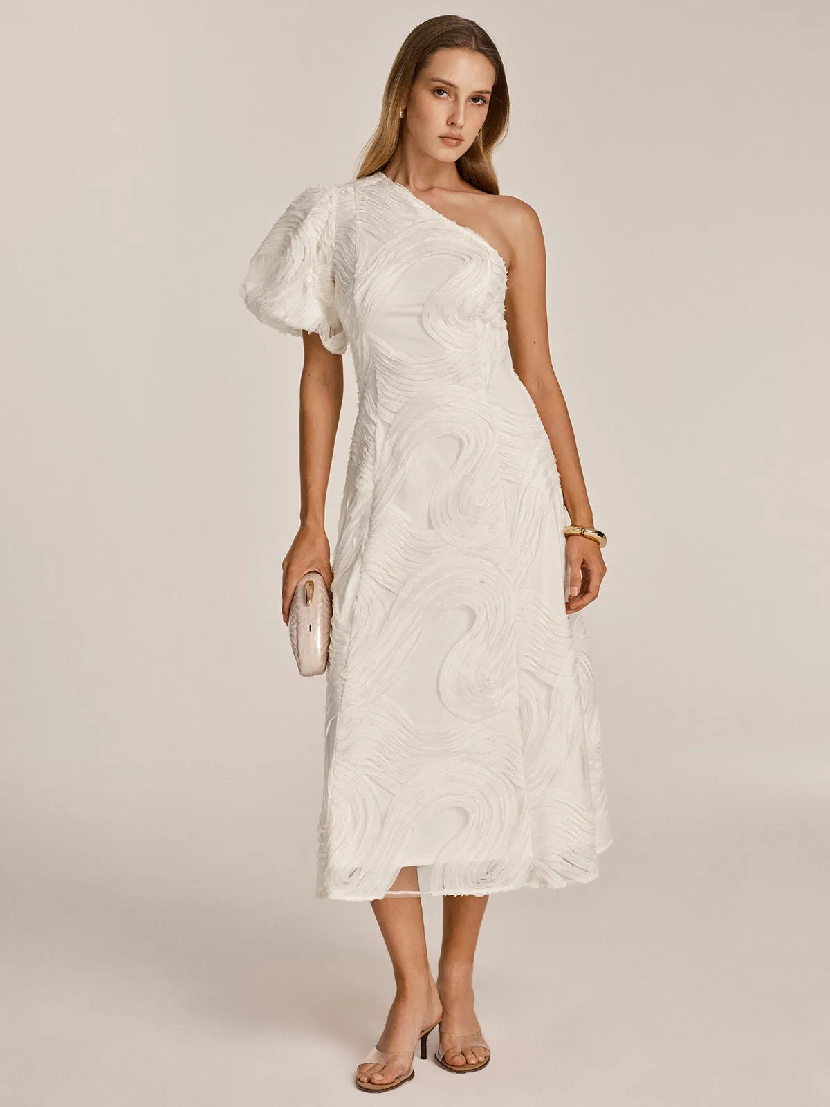 One Shoulder Textured Ruffled Mesh Midi Dress sold by COMMENSE