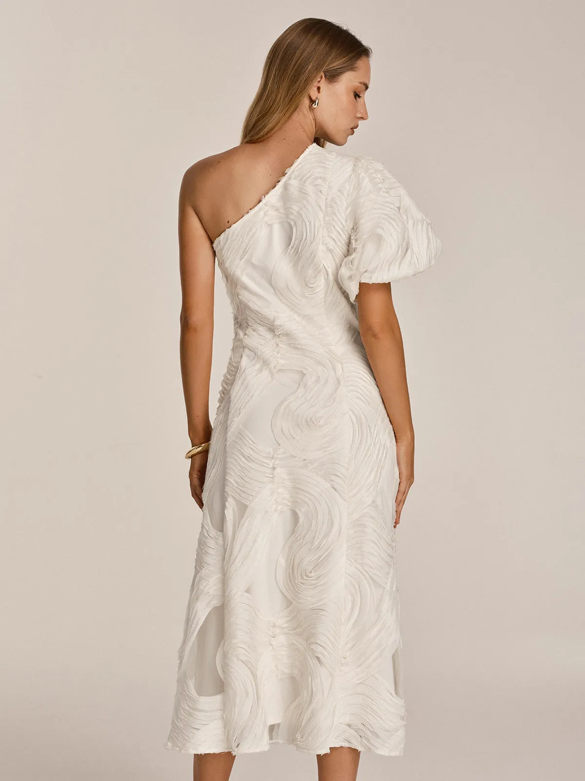 One Shoulder Textured Ruffled Mesh Midi Dress sold by COMMENSE product image thumbnail 5