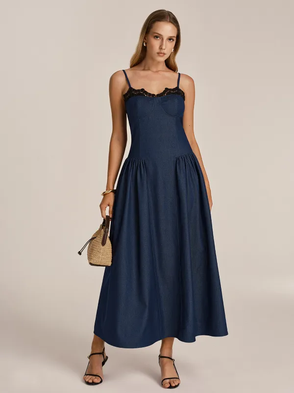 Lace Trim Faux Denim Cami Maxi Dress made by COMMENSE