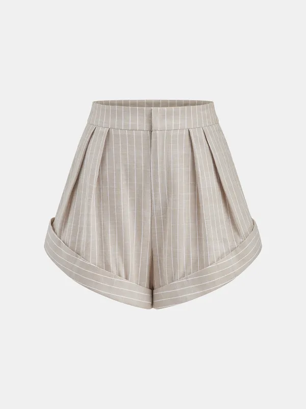 Mid-Waist Striped Pleated Cotton Shorts made by COMMENSE