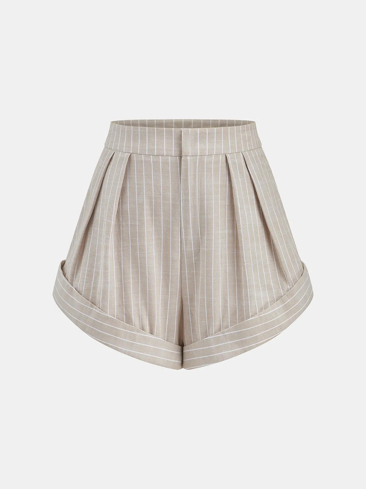 Mid-Waist Striped Pleated Cotton Shorts sold by COMMENSE