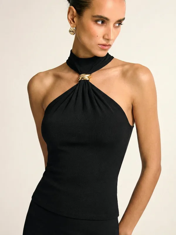 Metal Detail Halter Neck Fitted Top made by COMMENSE
