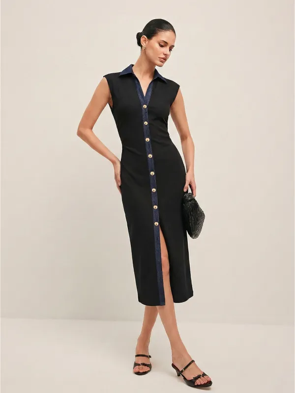 Denim Panel Sleeveless Buttoned Midi Dress made by COMMENSE
