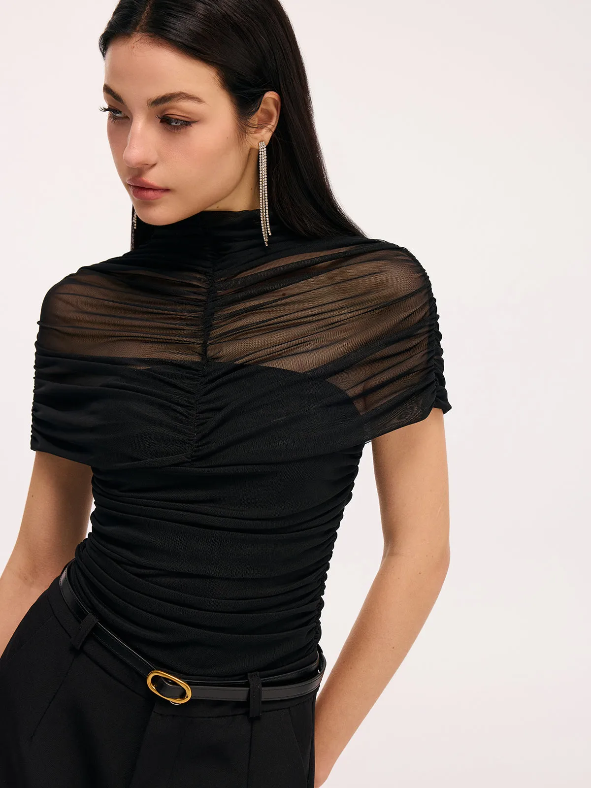 Sheer Panel Ruched Short-Sleeve Bodysuit sold by COMMENSE