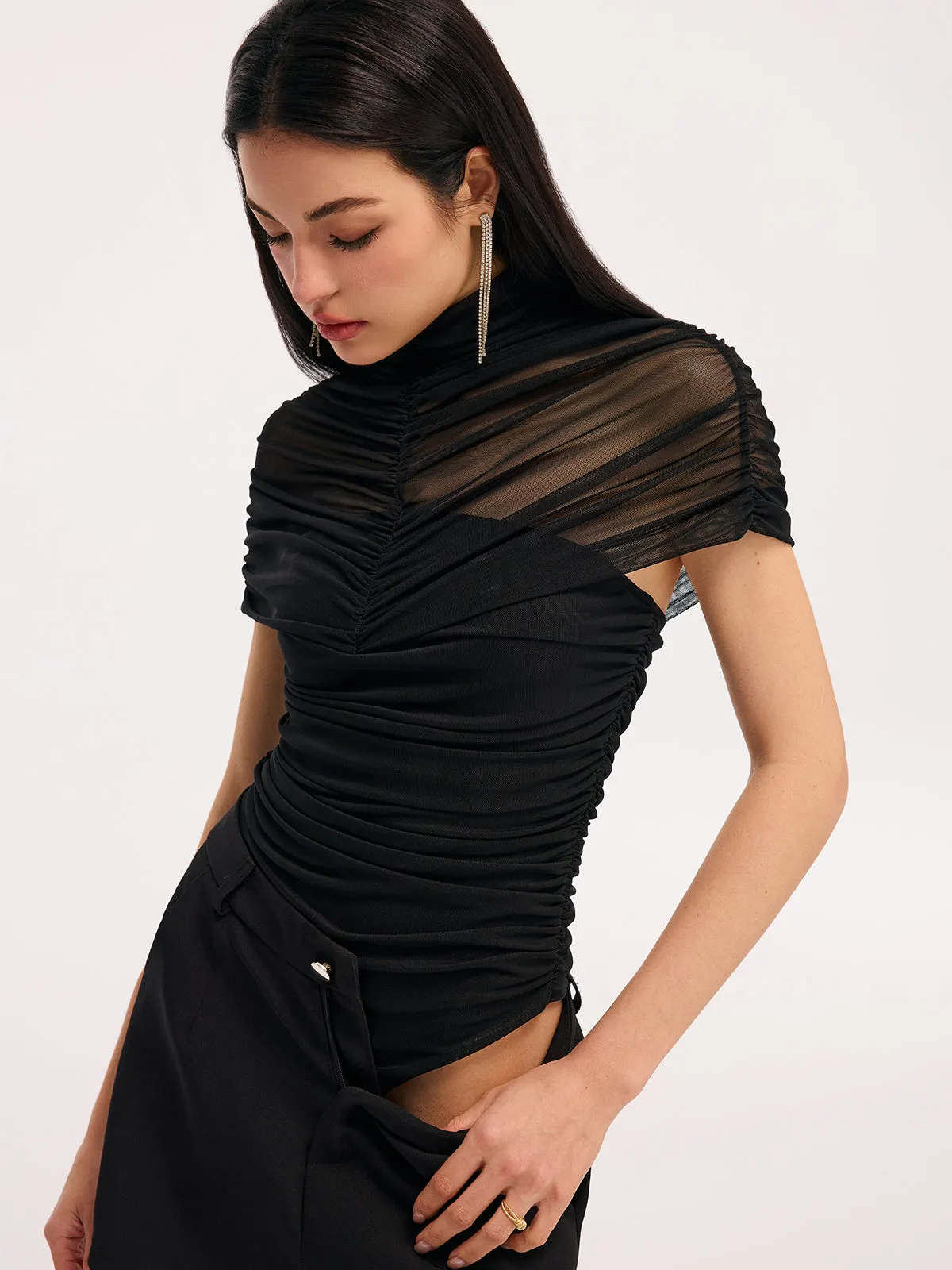 Sheer Panel Ruched Short-Sleeve Bodysuit sold by COMMENSE product image thumbnail 5