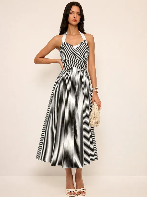 Cotton Striped Halter Maxi Dress made by COMMENSE