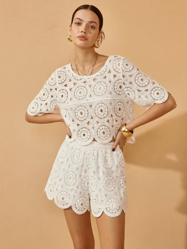 Crochet Lace Short sleeve Top & Shorts Set made by COMMENSE