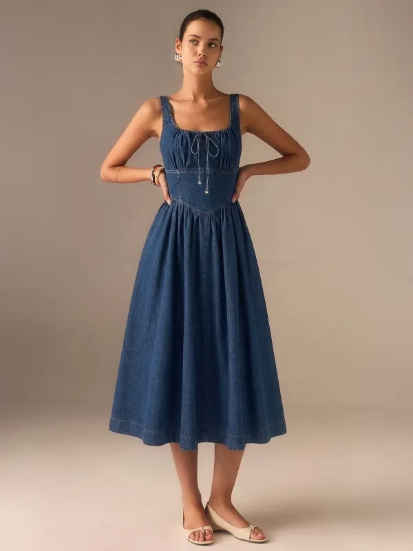 Denim Square Neck Tie Front Midi Dress made by COMMENSE