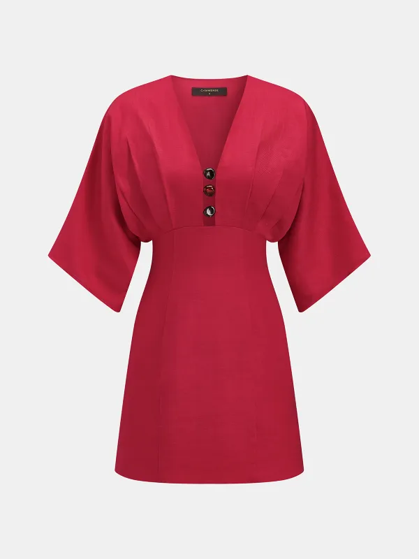 Linen Blend V Neck Embellished Mini Dress made by COMMENSE