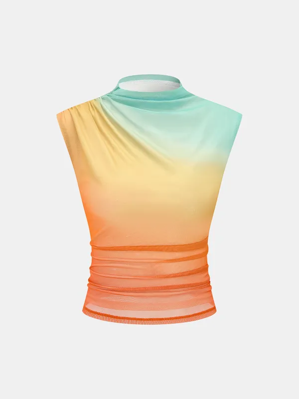 Rainbow Gradient Mesh Ruched Tank Top made by COMMENSE