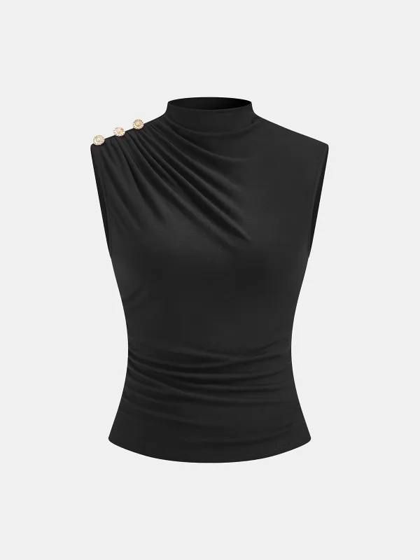 Ruched Mock Neck Sleeveless Top made by COMMENSE