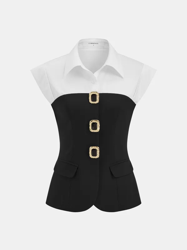Color Block Sleeveless Collared Blouse made by COMMENSE