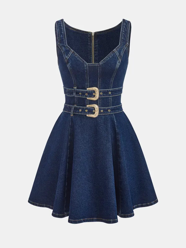 Denim Double-Buckle Mini Dress made by COMMENSE