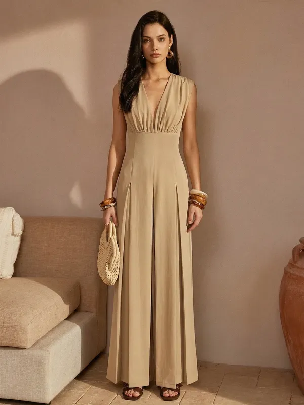 Deep V Neck Pleated Wide Leg Jumpsuit made by COMMENSE