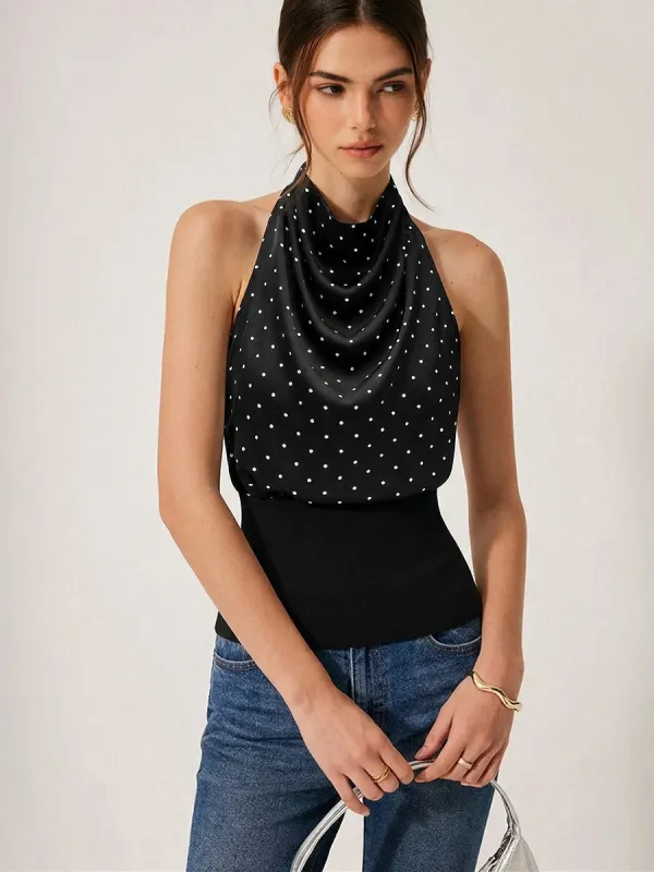 Polka Dot Cowl Neck Halter Tank Top made by COMMENSE