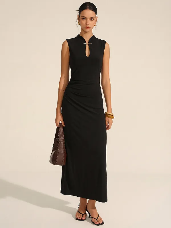 Sleeveless Ruched Keyhole Neck Maxi Dress made by COMMENSE