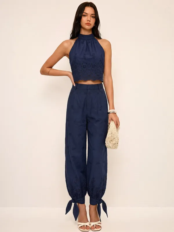 Eyelet Embroidery Top & Tie-Cuff Pants Set made by COMMENSE