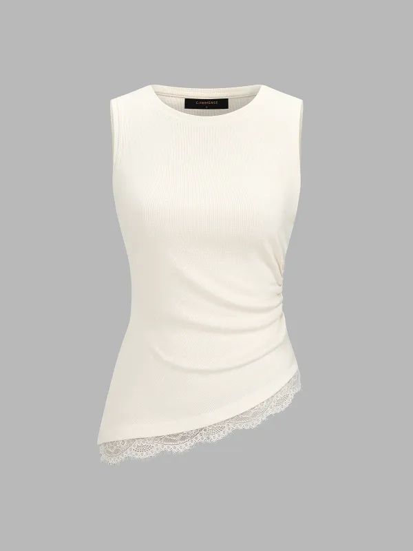 Ruched Asymmetric Lace Trim Tank Top made by COMMENSE