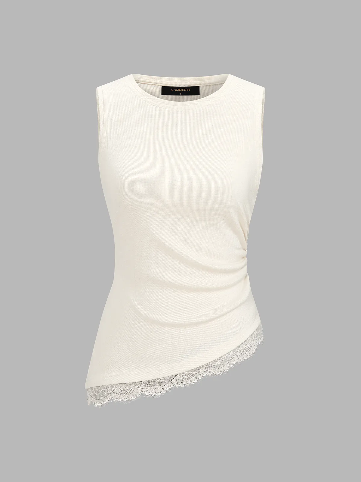 Ruched Asymmetric Lace Trim Tank Top sold by COMMENSE