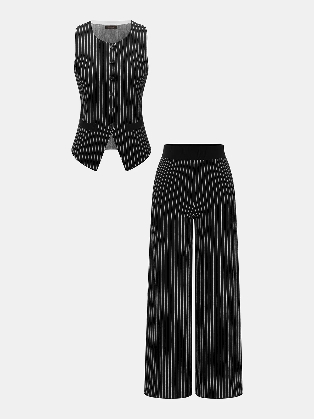 Pinstripe Knit Vest & Wide Leg Pants Set sold by COMMENSE