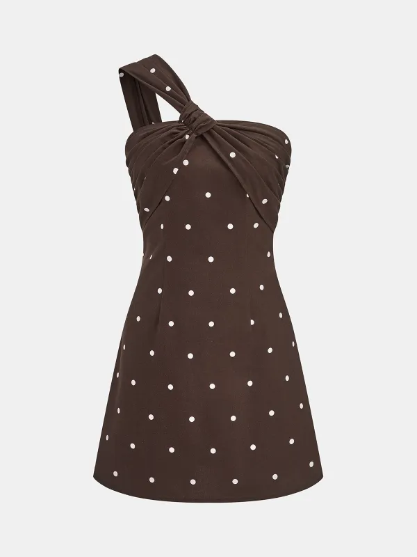 Polka Dot One Shoulder Linen Blend Mini Dress made by COMMENSE