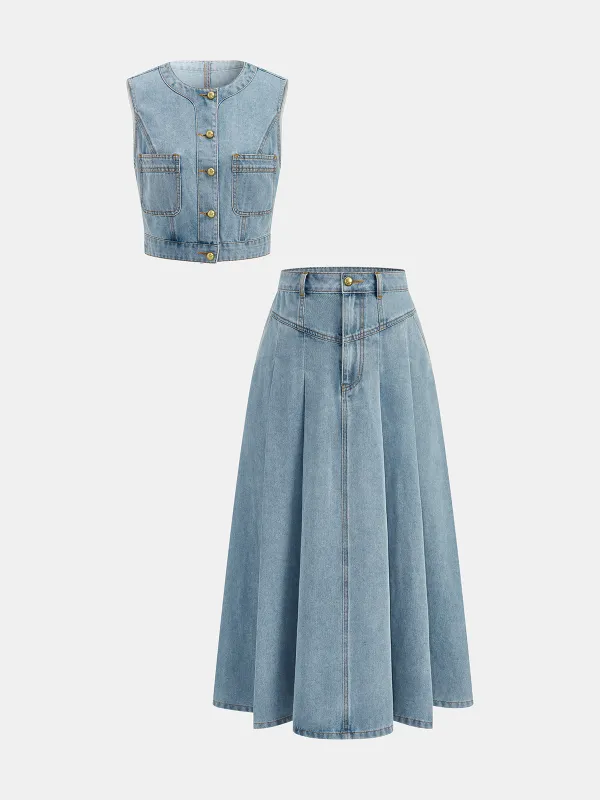 Denim Crop Vest & Pleated Midi Skirt Set made by COMMENSE