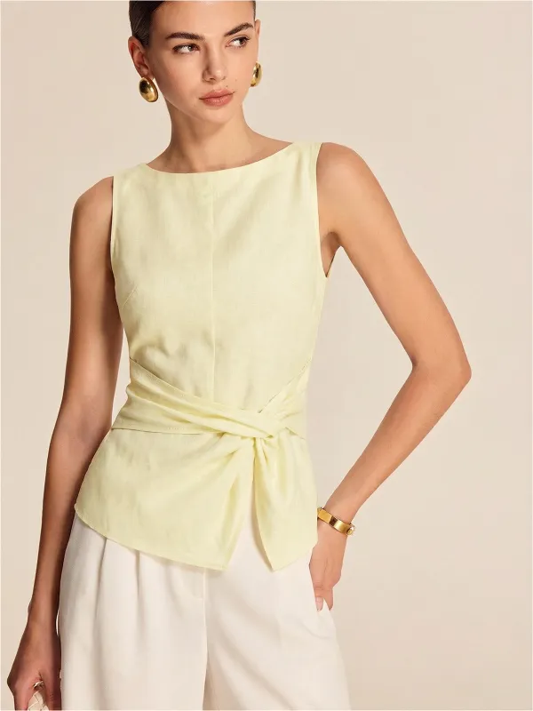 Twisted Waist Linen Blend Sleeveless Blouse made by COMMENSE